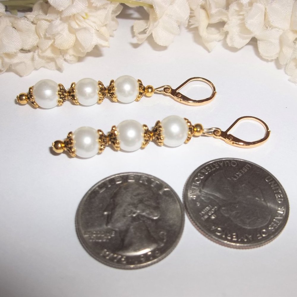 Earring, Pearl Earring, White and Gold Earring, White Earring, Earring Set 7899 - Picture 5 of 8